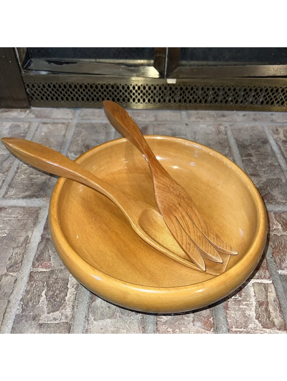 Vintage Wood Salad Bowl With Utensils